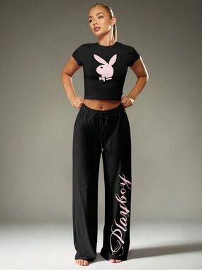 Playboy x Missguided Black Crop Tee & Lounge Pants Set with Pink Logo Size L